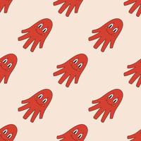 Vector seamless pattern with sausage octopus in retro style. Background with octopus mascot 70s. Groovy asian food.