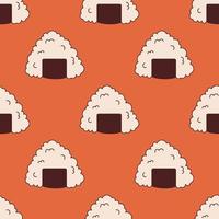Vector seamless pattern with onigiri in retro style. Rice balls on red background 70s. Groovy asian food.