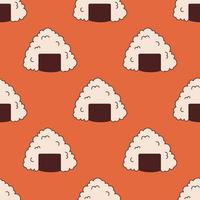 Vector seamless pattern with onigiri in retro style. Rice balls on red background 70s. Groovy asian food.