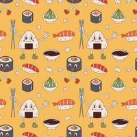 Vector seamless pattern with sushi, wasabi, soy sauce and onigiri mascot in retro style. Sushi rolls on yellow background 70s. Groovy asian food.