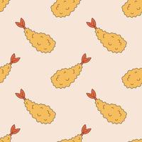 Vector seamless pattern with tempura fried ebi in retro style. Background with fried shrimp 70s. Groovy asian food.