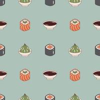 Vector seamless pattern with sushi roll, soy sauce and wasabi in retro style. Background with japanese food 70s.