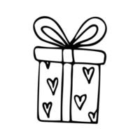 Hand drawn doodle gift box with hearts. Cute present with bow and ribbon. Vector clipart. Outline.