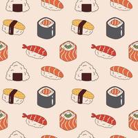 Vector seamless pattern with sushi and onigiri. Background with sake sushi, ebi nigiri, philadelphia and maki sushi roll. Asian food.