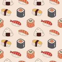 Vector seamless pattern with sushi and onigiri. Background with sake sushi, ebi nigiri, philadelphia and maki sushi roll. Asian food.