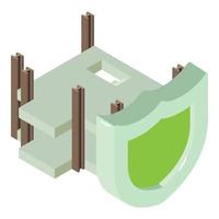 icono de construcción ecológica vector isométrico. icono de escudo en el fondo del marco del edificio