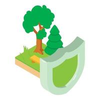 Environment protection icon isometric vector. Shield on forest area background vector