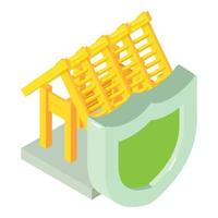 Eco building icon isometric vector. Shield on wooden building frame background vector