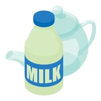 Milk drink icon isometric vector. Transparent glass teapot and bottle of milk vector