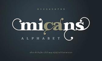 Micans luxury fashion font alphabet. Typography swirl typeface uppercase lowercase and number. vector illustration