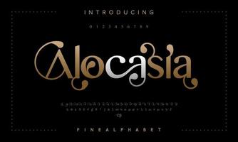 Alocasia luxury fashion font alphabet. Typography swirl typeface uppercase lowercase and number. vector illustration