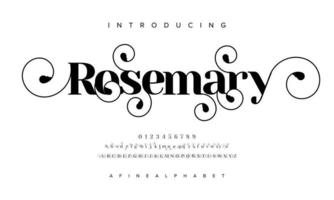 Rosemary luxury fashion font alphabet. Typography swirl typeface uppercase lowercase and number. vector illustration