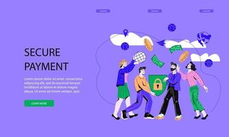 Landing page or web site template for Secure online payments and safe money transfer. Digital marketing and internet security, confidential database access. Flat vector illustration.