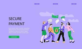 Secure payment and safe money transaction web page template with business people characters. Personal information security and bank account protection design for landing page. Vector illustration.