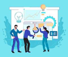 Business analytics banner concept with office workers are studying the infographic, flat vector illustration. Data analysis and strategy of company development, marketing research.