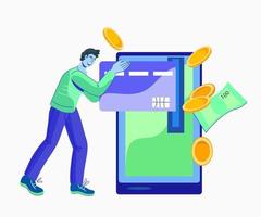 Online payment using mobile application concept with man character withdrawing cash and paying with cell phone. Online credit card and account money transfer. Flat vector illustration isolated.