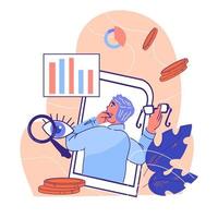 Business analytics concept with man studying diagrams and graphs, making financial report and strategy of growth. Investment to business and property. Cartoon vector illustration isolated.