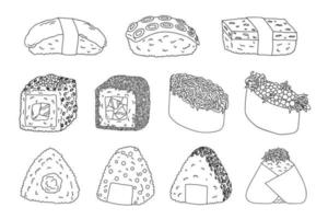 Hand drawn sushi and onigiri. Japanese traditional cuisine dishes. Asian food clipart set vector