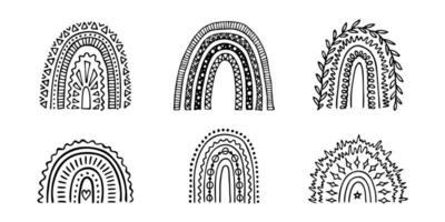 conjunto de arco iris dibujado a mano. imágenes prediseñadas de formas abstractas del arco iris. elementos de fideos para tarjeta, impresión, diseño vector