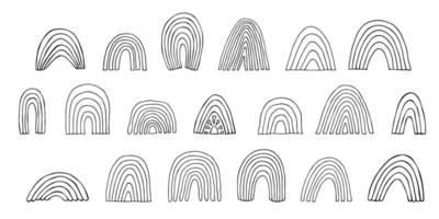 conjunto de arco iris dibujado a mano. imágenes prediseñadas de formas abstractas del arco iris. elementos de fideos para tarjeta, impresión, diseño vector