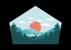 ilustración de arte paisajístico de lagos y bosques de pinos vector