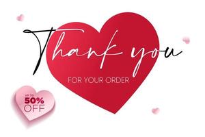 Thank you for your order vector card, creative template. Graphic design elements for thank you cards for customers made purchase online. Hahdwritten text, red heart.
