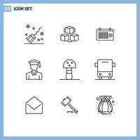 Set of 9 Vector Outlines on Grid for mushroom graduation calendar education time Editable Vector Design Elements