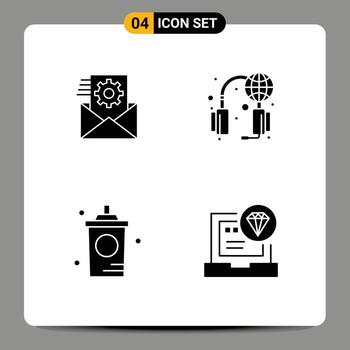 Mobile Interface Solid Glyph Set of 4 Pictograms of data drink integration support hot Editable Vector Design Elements