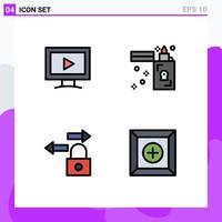 Modern Set of 4 Filledline Flat Colors and symbols such as monitor lock play lighter box Editable Vector Design Elements