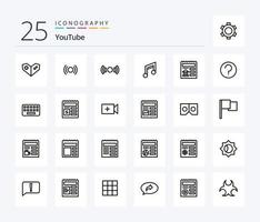 paquete de iconos de 25 líneas de youtube que incluye básico. ui aplicación documento. música vector