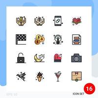 Universal Icon Symbols Group of 16 Modern Flat Color Filled Lines of flag love mobile heart pills Editable Creative Vector Design Elements