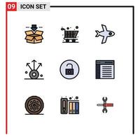 Set of 9 Modern UI Icons Symbols Signs for coding multimedia plane media player unlock Editable Vector Design Elements