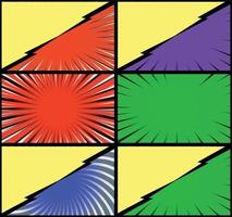 Comic book colorful frames background with halftone rays radial and dotted effects pop art style vector