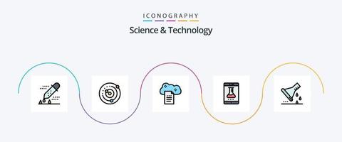 la línea de ciencia y tecnología llenó el paquete de iconos planos 5 que incluye el laboratorio en línea. aplicación de laboratorio sistema solar. documentos del cielo. almacenamiento de archivos vector