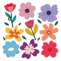 conjunto de pegatinas de flores y hojas de dibujos animados de dibujo a mano vector