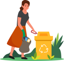 mujer voluntaria limpiando el paquete, ilustración de recolector de basura png