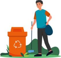 hombre voluntario limpiando el paquete, ilustración del recolector de basura png