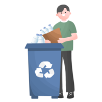 hombre haciendo separación de residuos reciclando botellas de plástico, llevando bolsas con basura a diferentes contenedores de basura, protegiendo el medio ambiente y salvando el mundo png