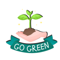 vaya a la señal de texto verde con la plantación de árboles a mano, la protección del medio ambiente y salve el mundo png