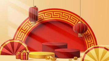 Chinese New Year display podium decoration background with chinese ornament. Vector 3D Illustration