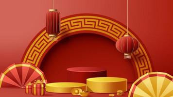 Chinese New Year display podium decoration background with chinese ornament. Vector 3D Illustration