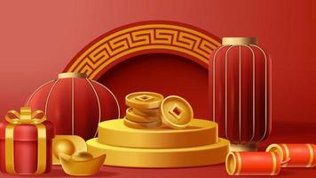 Chinese New Year display podium decoration background with chinese ornament. Vector 3D Illustration