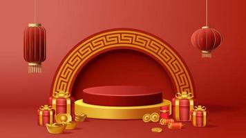 fondo de decoración de podio de exhibición de año nuevo chino con adorno chino. ilustración vectorial 3d vector