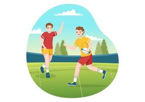 jugador de rugby corriendo ilustración con una pelota en el deporte de campeonato para banner web o página de inicio en plantillas planas dibujadas a mano de dibujos animados vector