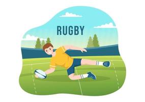 jugador de rugby corriendo ilustración con una pelota en el deporte de campeonato para banner web o página de inicio en plantillas planas dibujadas a mano de dibujos animados vector