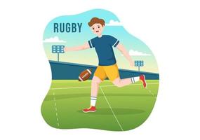 jugador de rugby corriendo ilustración con una pelota en el deporte de campeonato para banner web o página de inicio en plantillas planas dibujadas a mano de dibujos animados vector