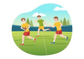 jugador de rugby corriendo ilustración con una pelota en el deporte de campeonato para banner web o página de inicio en plantillas planas dibujadas a mano de dibujos animados vector