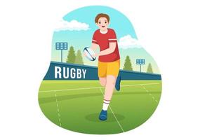 jugador de rugby corriendo ilustración con una pelota en el deporte de campeonato para banner web o página de inicio en plantillas planas dibujadas a mano de dibujos animados vector