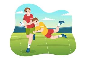 jugador de rugby corriendo ilustración con una pelota en el deporte de campeonato para banner web o página de inicio en plantillas planas dibujadas a mano de dibujos animados vector