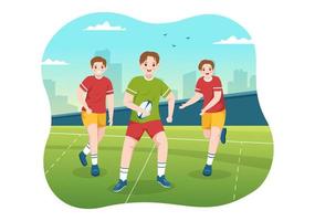 jugador de rugby corriendo ilustración con una pelota en el deporte de campeonato para banner web o página de inicio en plantillas planas dibujadas a mano de dibujos animados vector